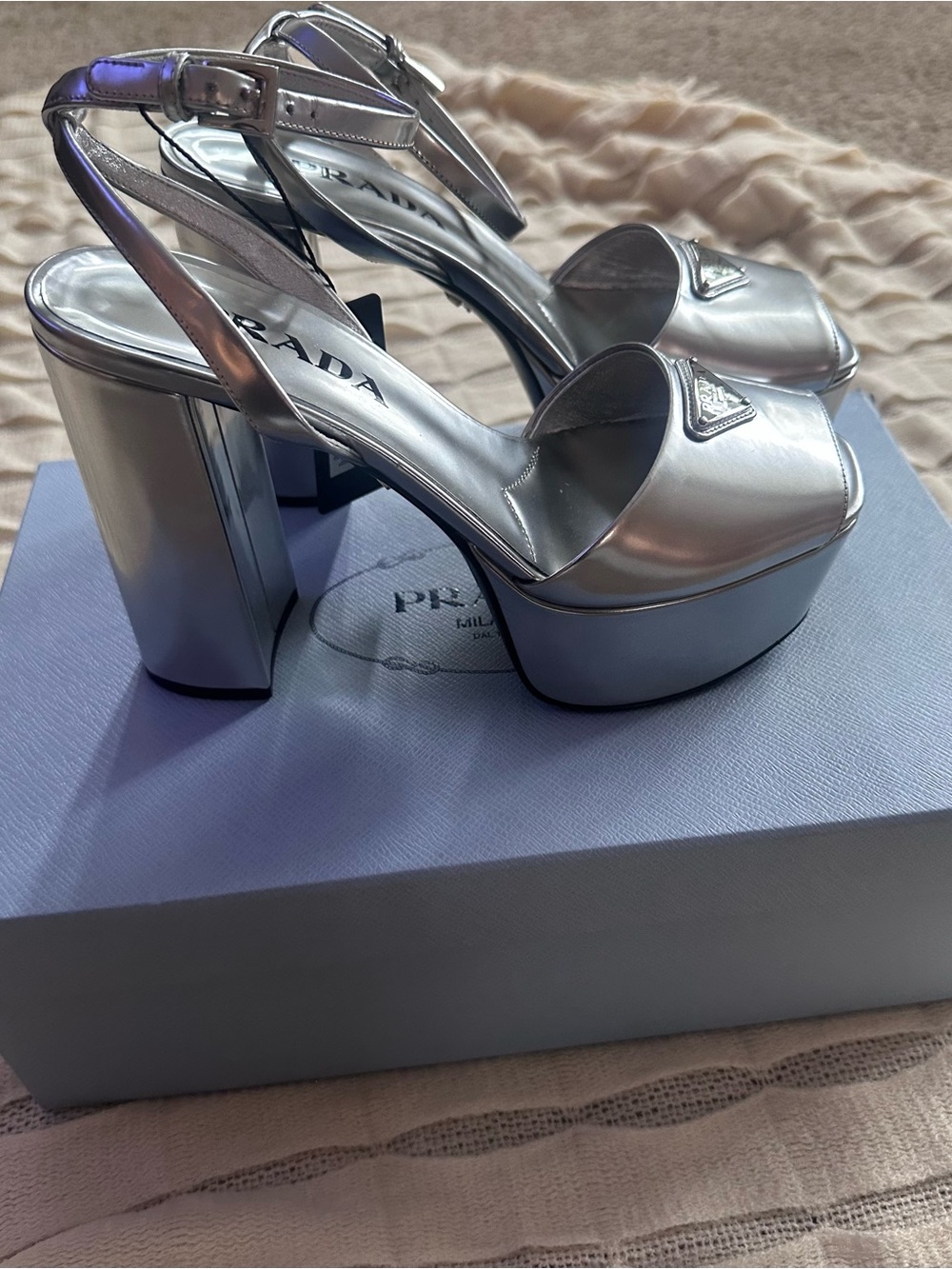Prada Metallic Silver Ankle-Strap Platform Sandals - Picture 3 of 5